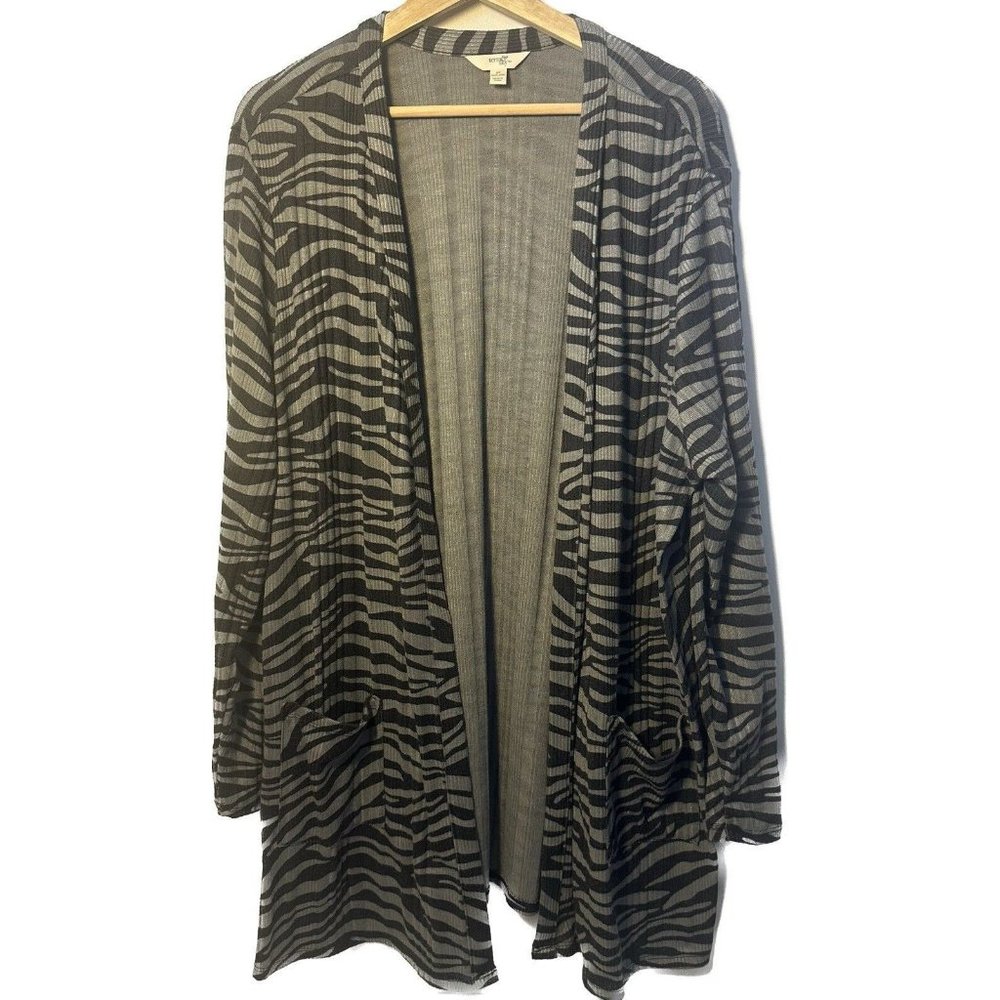 Terra & Sky Cardigan Womens 2X Gray Black Zebra Print PLUS Ribbed Long Duster